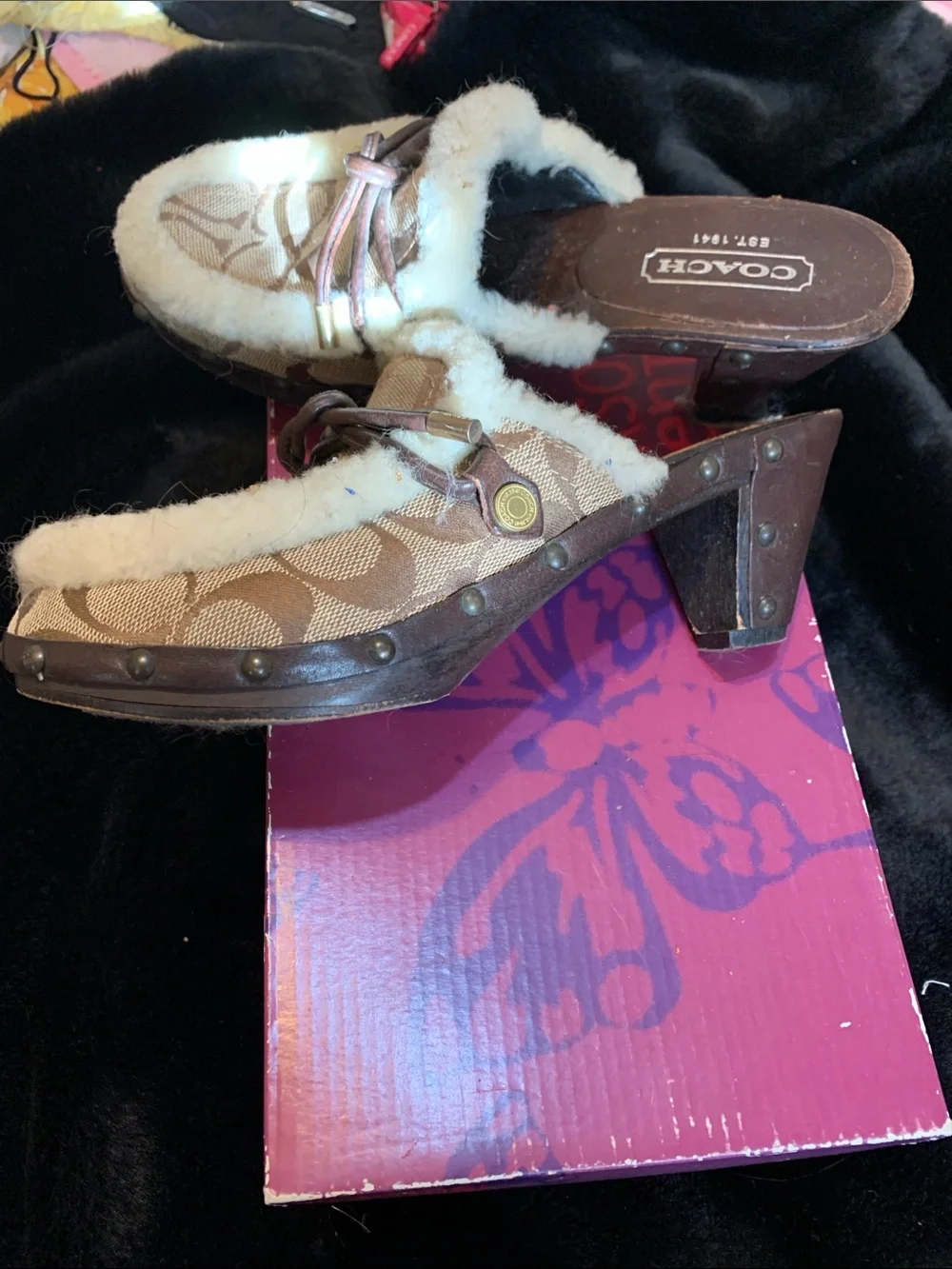 Coach Brown and Cream Signature Shearling Mule Slides